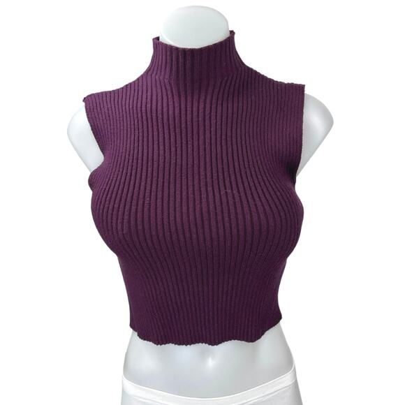 Zara Purple Ribbed Knit Turtleneck Sleeveless Cropped Sweater Vest Top Size M - Picture 1 of 4